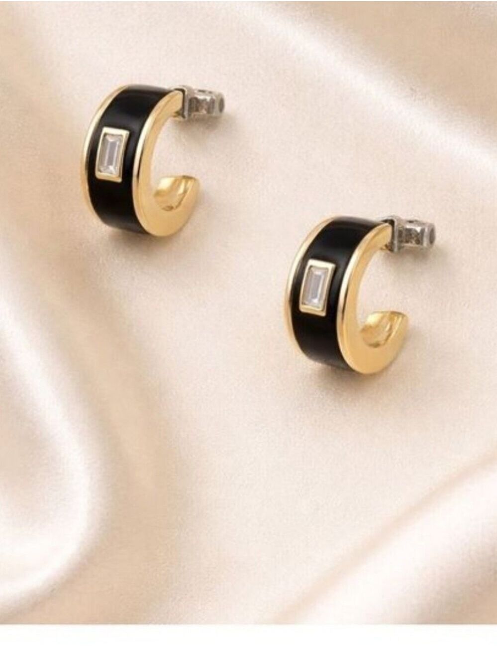 Vintage 80s Lady Remington Black Enamel Half-Moon CZ Post Earrings